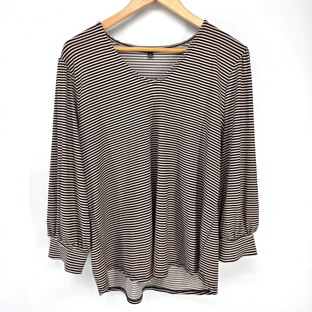 Adrianna Papell Top Womens XL Black Tan Striped V-Neck Puff Sleeve Blouse 7705